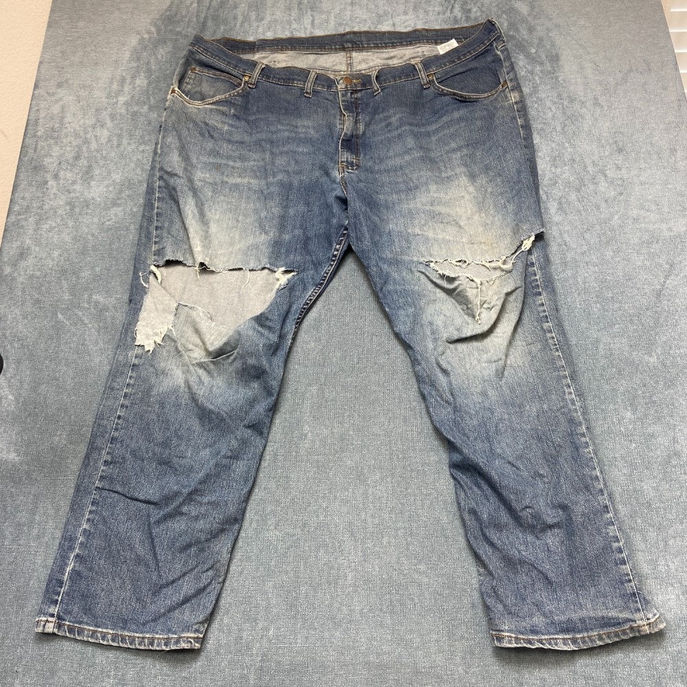 Wrangler Jeans Men 46x30 Blue Denim Cotton Stretch Distressed Casual Relaxed Fit